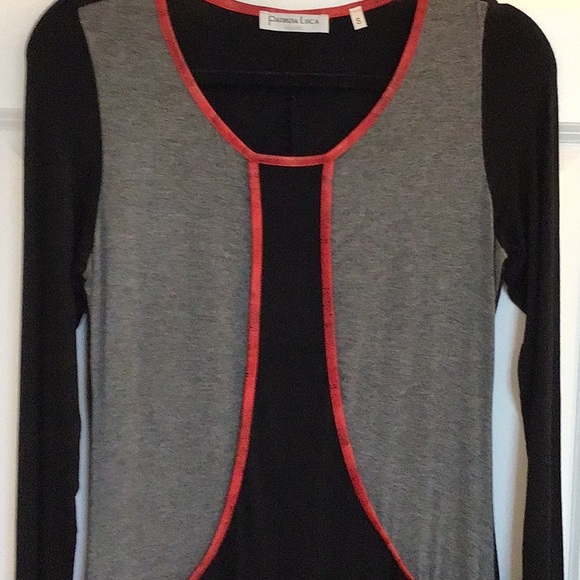 Patricia Luca Size S long sleeve dress NWOT Black, Grey, with Red textured trim - Picture 2 of 4